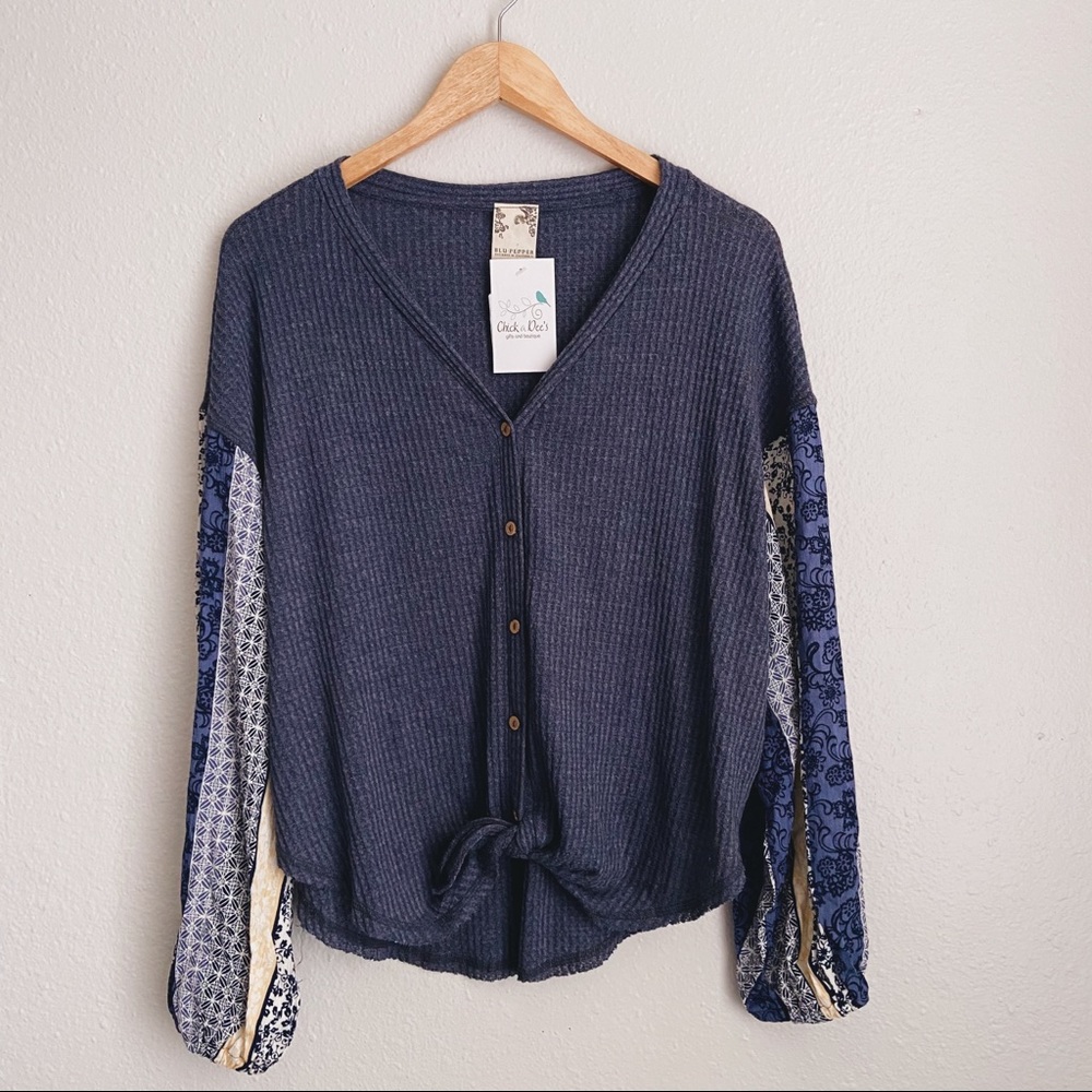Blu Pepper | Waffle Knit Top W/Pattern Sleeves
